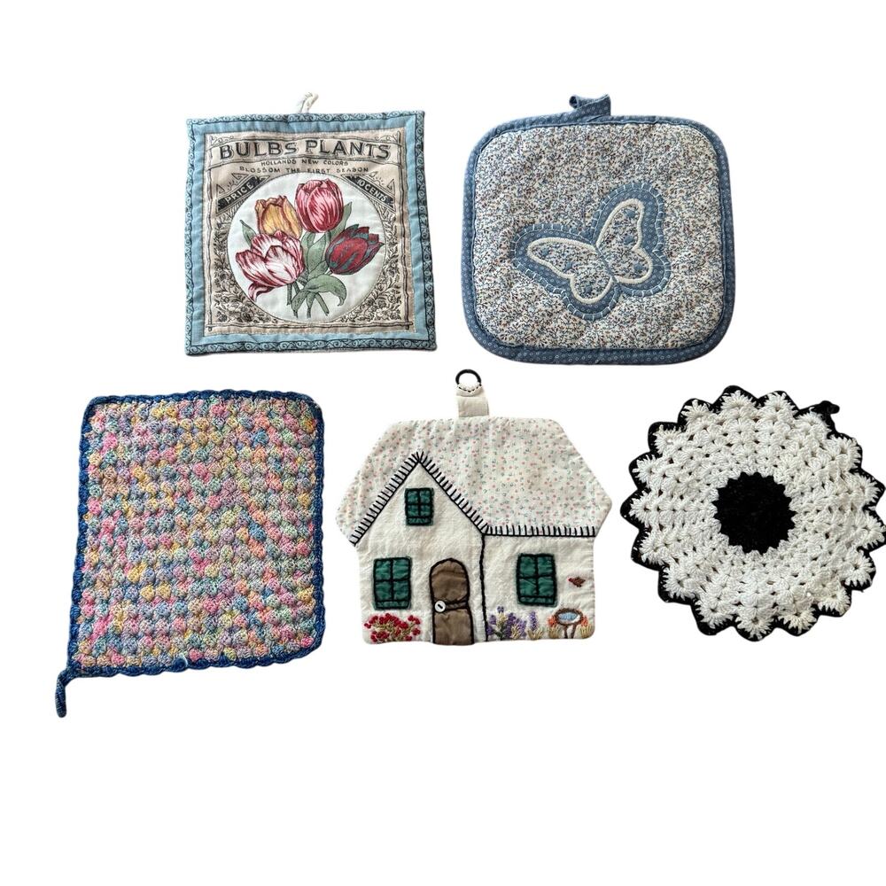 Vintage Hotpad Doily Applique House Decor Cottage Core Blue Pink Floral 5 Piece